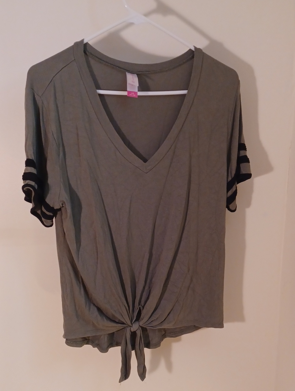 No Boundaries Olive V-Neck Tie-Front Tee with Black Sleeve Stripes